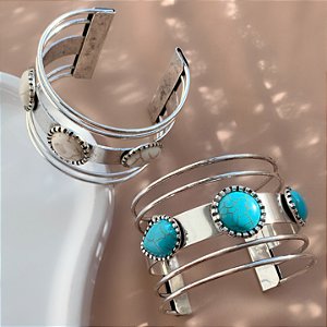 BRACELETE LISO PEDRAS OVAIS PRATEADO BIJU