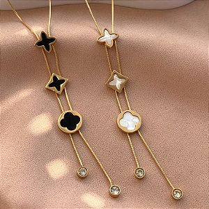 COLAR E BRINCO KIT LAÇO E PÉROLAS GRAVATINHA DOURADO AÇO 316L PREMIUM⭐️