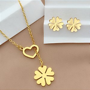 COLAR E BRINCO KIT LAÇO E PÉROLAS GRAVATINHA DOURADO AÇO 316L PREMIUM⭐️