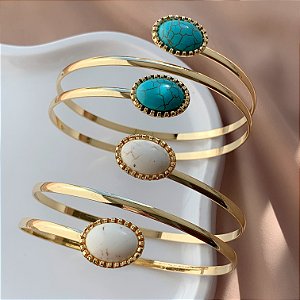 BRACELETE LISO PEDRAS OVAIS PRATEADO BIJU